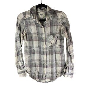 Mudd Womens Plaid Flannel Button-Up Shirt Metallic Gray White Silver XS